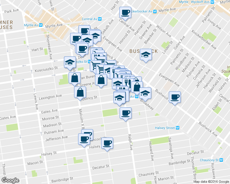 map of restaurants, bars, coffee shops, grocery stores, and more near 824 Lexington Avenue in Brooklyn