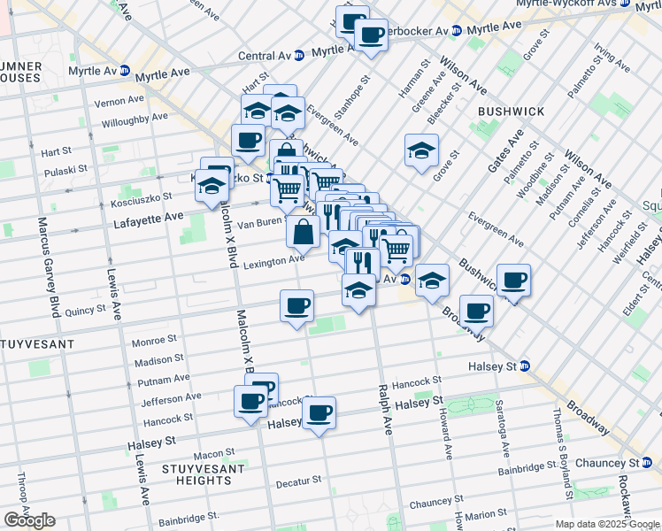 map of restaurants, bars, coffee shops, grocery stores, and more near 824 Lexington Avenue in Brooklyn