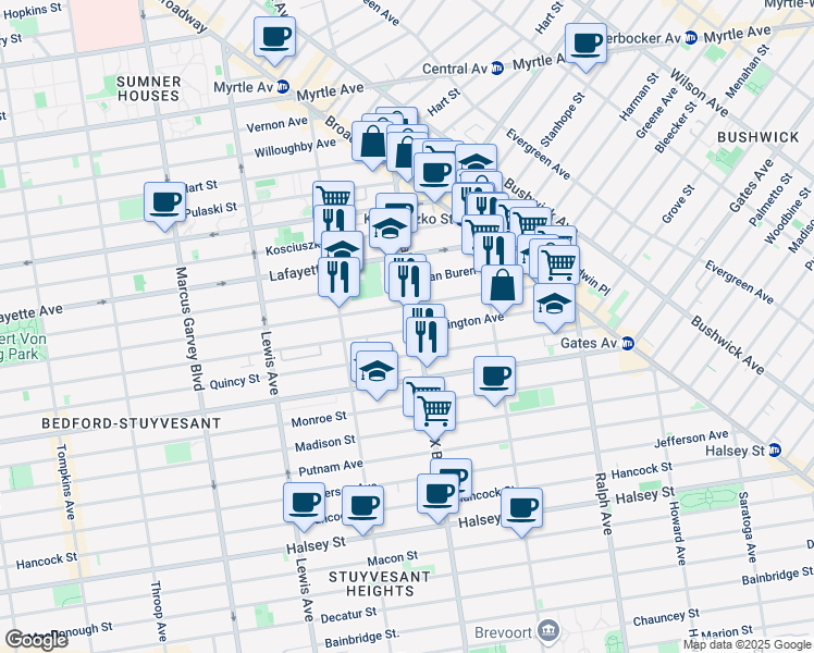 map of restaurants, bars, coffee shops, grocery stores, and more near 91A Malcolm X Boulevard in Brooklyn
