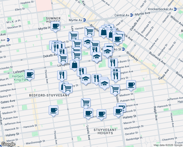 map of restaurants, bars, coffee shops, grocery stores, and more near 829A Greene Avenue in Brooklyn