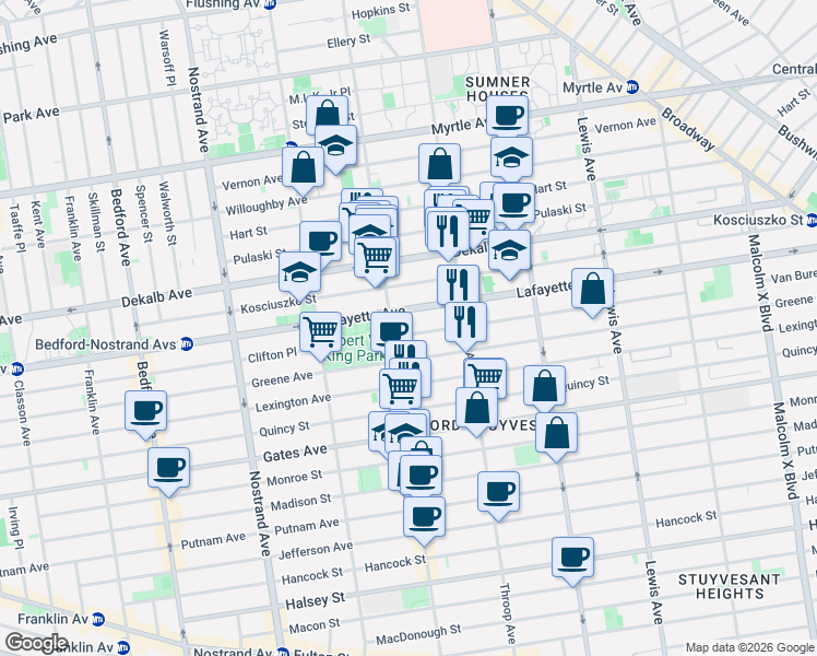 map of restaurants, bars, coffee shops, grocery stores, and more near 728 Lafayette Avenue in Brooklyn