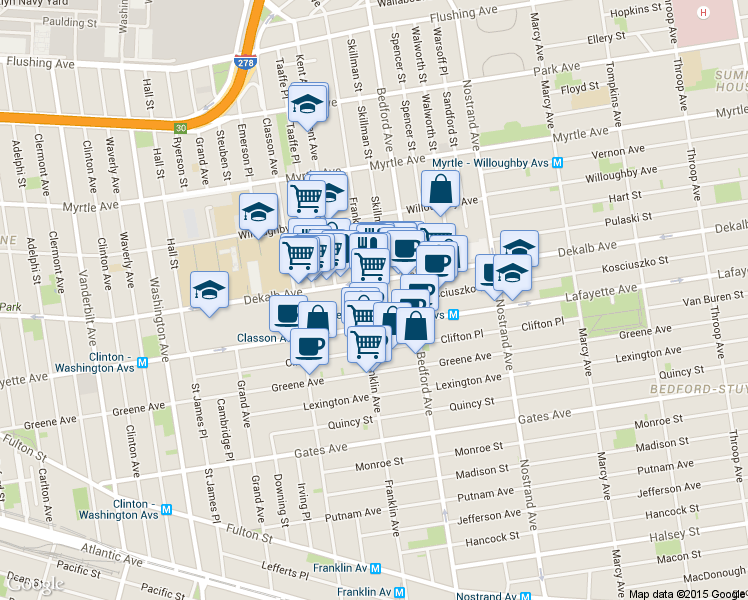 map of restaurants, bars, coffee shops, grocery stores, and more near 473 DeKalb Avenue in Brooklyn