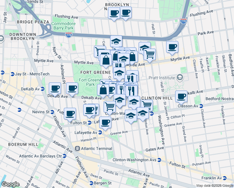 map of restaurants, bars, coffee shops, grocery stores, and more near 225 Adelphi Street in Brooklyn