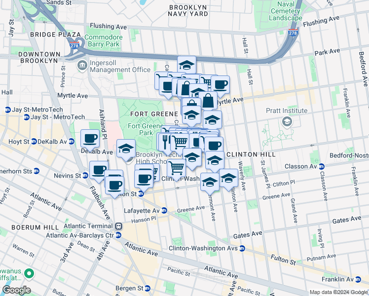 map of restaurants, bars, coffee shops, grocery stores, and more near 242 Carlton Avenue in Brooklyn