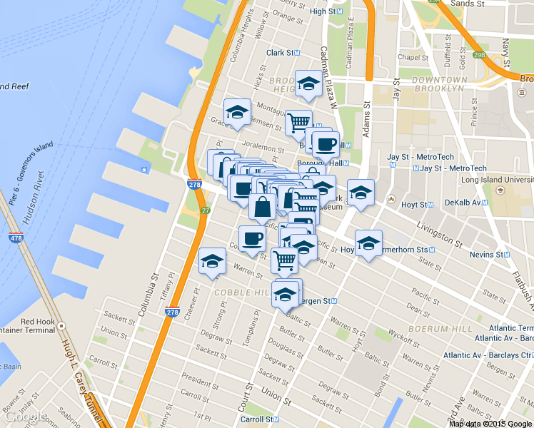 map of restaurants, bars, coffee shops, grocery stores, and more near 151 Atlantic Avenue in Brooklyn