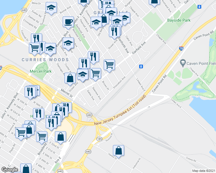 map of restaurants, bars, coffee shops, grocery stores, and more near 100 Brown Place in Jersey City