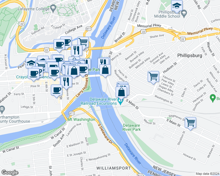 map of restaurants, bars, coffee shops, grocery stores, and more near 62-64 South Main Street in Phillipsburg