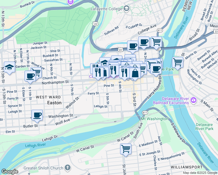 map of restaurants, bars, coffee shops, grocery stores, and more near 24 South 5th Street in Easton