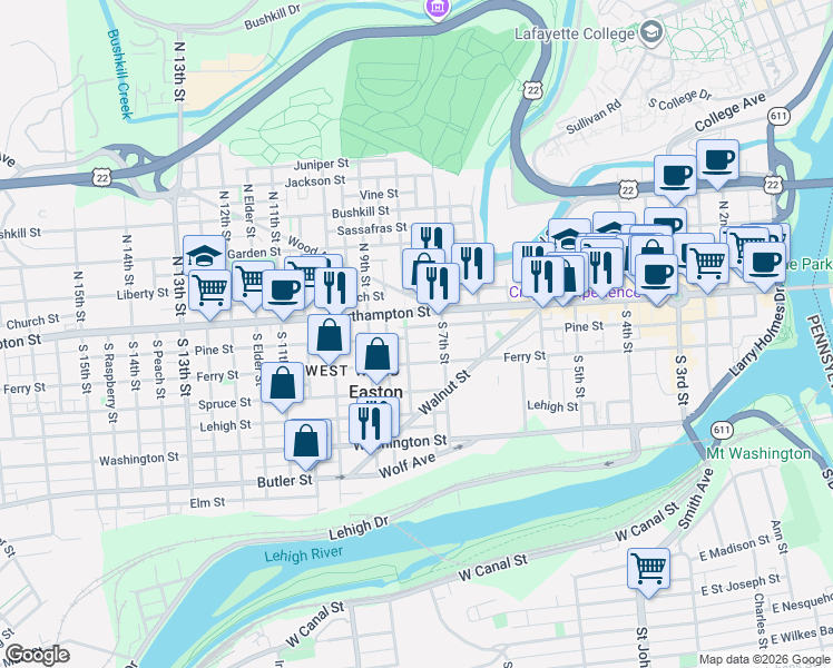 map of restaurants, bars, coffee shops, grocery stores, and more near 726 Northampton Street in Easton