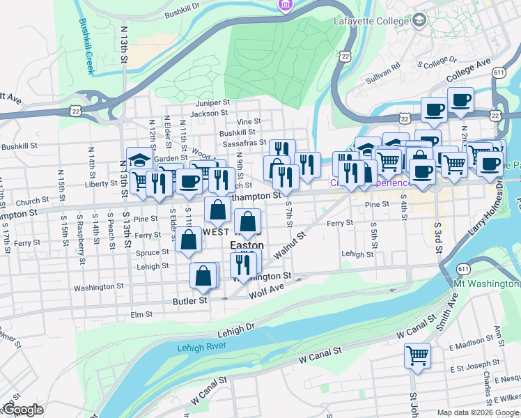 map of restaurants, bars, coffee shops, grocery stores, and more near in Easton