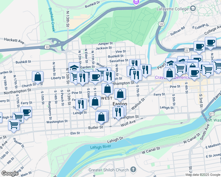 map of restaurants, bars, coffee shops, grocery stores, and more near in Easton