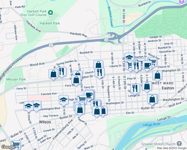 map of restaurants, bars, coffee shops, grocery stores, and more near 15 North 16th Street in Easton