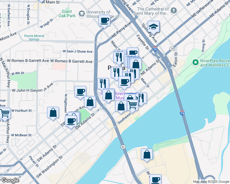 map of restaurants, bars, coffee shops, grocery stores, and more near 301 Southwest Adams Street in Peoria