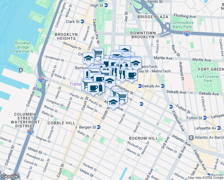 map of restaurants, bars, coffee shops, grocery stores, and more near Schermerhorn Street in Brooklyn