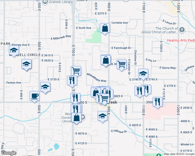 map of restaurants, bars, coffee shops, grocery stores, and more near 841 WhiteMaple Way in Millcreek