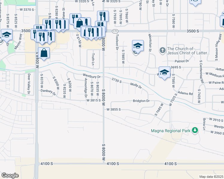map of restaurants, bars, coffee shops, grocery stores, and more near 3765 South Stable Bay Drive in Magna