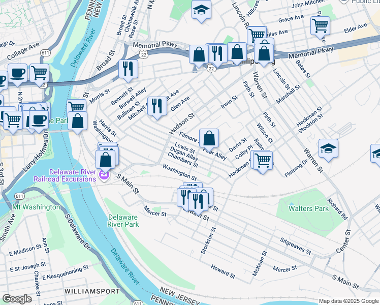 map of restaurants, bars, coffee shops, grocery stores, and more near 144 Lewis Street in Phillipsburg