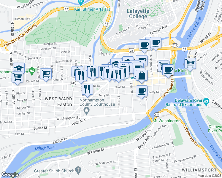 map of restaurants, bars, coffee shops, grocery stores, and more near 32 South Sixth Street in Easton