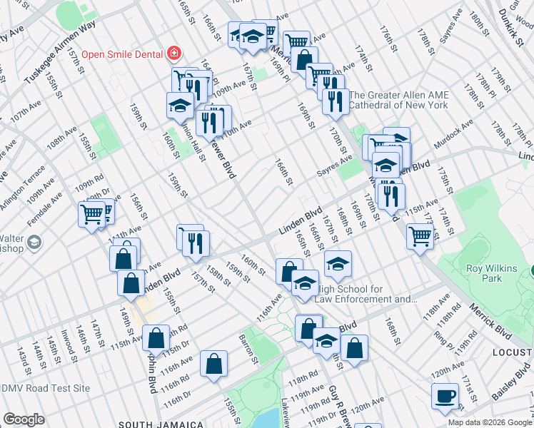 map of restaurants, bars, coffee shops, grocery stores, and more near 163-43 Sayres Avenue in Queens