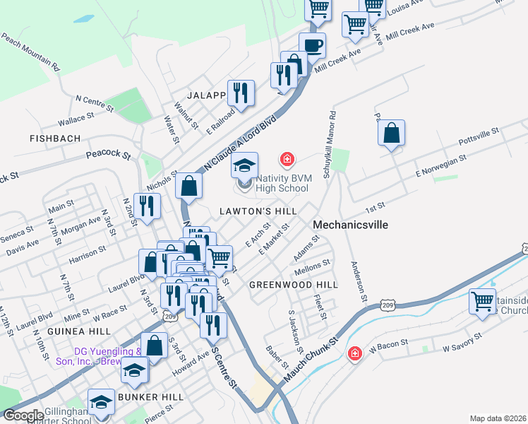 map of restaurants, bars, coffee shops, grocery stores, and more near 206 Charles Street in Pottsville