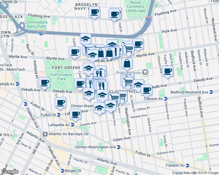 map of restaurants, bars, coffee shops, grocery stores, and more near Clinton Avenue in Brooklyn