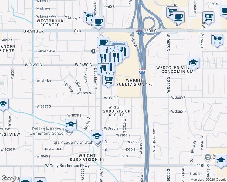 map of restaurants, bars, coffee shops, grocery stores, and more near 2600 West 3800 South in West Valley City