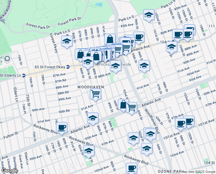 map of restaurants, bars, coffee shops, grocery stores, and more near 89-17 89th Avenue in Queens