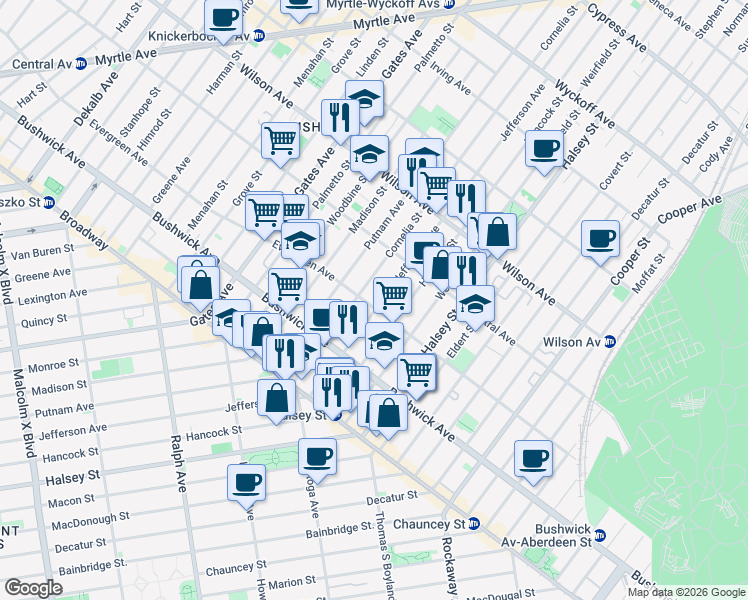 map of restaurants, bars, coffee shops, grocery stores, and more near 539 Evergreen Avenue in Brooklyn