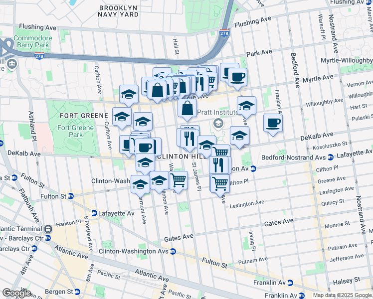 map of restaurants, bars, coffee shops, grocery stores, and more near 295 Washington Avenue in Brooklyn
