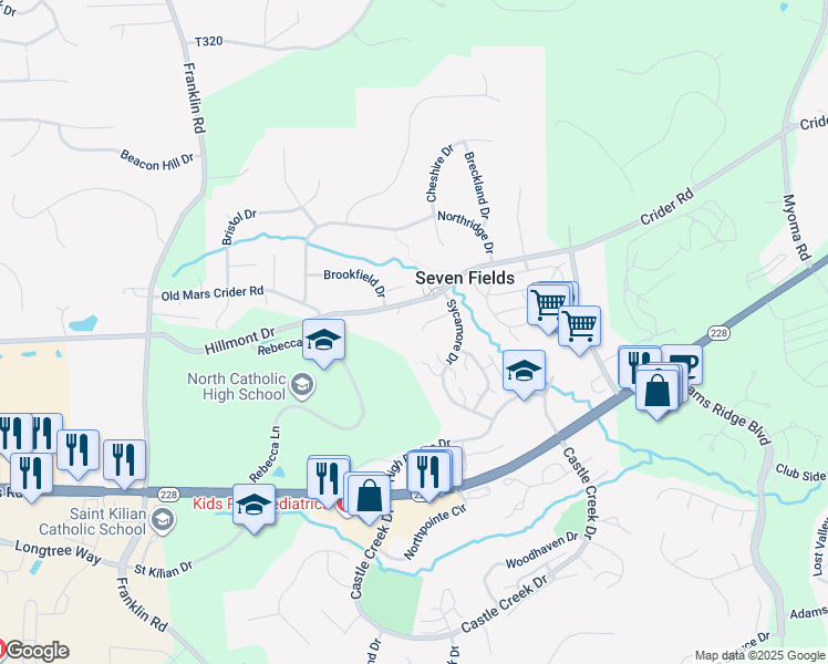 map of restaurants, bars, coffee shops, grocery stores, and more near 128 Linden Court in Seven Fields