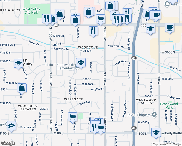 map of restaurants, bars, coffee shops, grocery stores, and more near 4105 Mann Way in West Valley City
