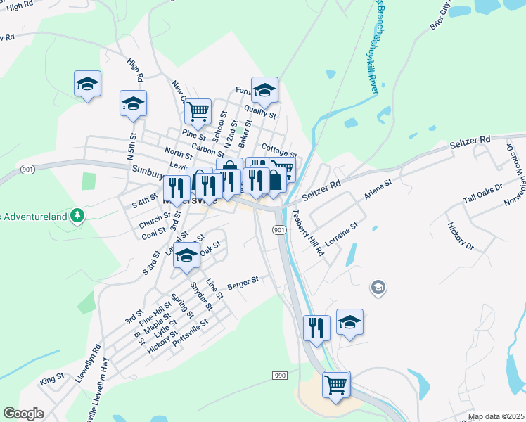 map of restaurants, bars, coffee shops, grocery stores, and more near 5 East Sunbury Street in Minersville