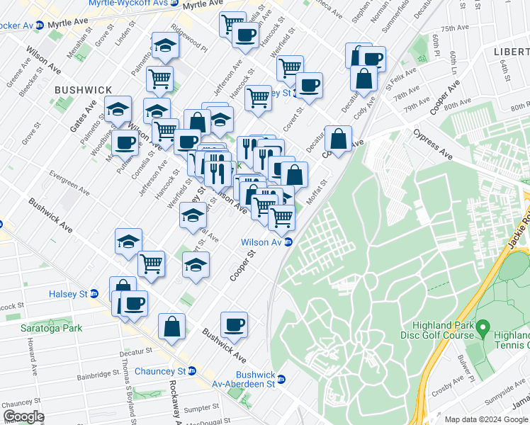 map of restaurants, bars, coffee shops, grocery stores, and more near 1258 Decatur Street in Brooklyn