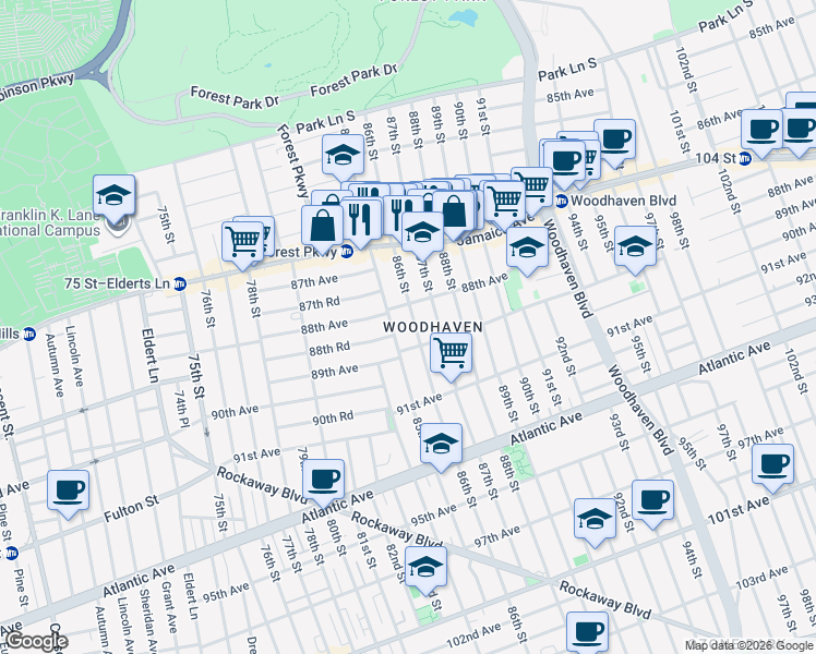 map of restaurants, bars, coffee shops, grocery stores, and more near 88-20 86th Street in Queens