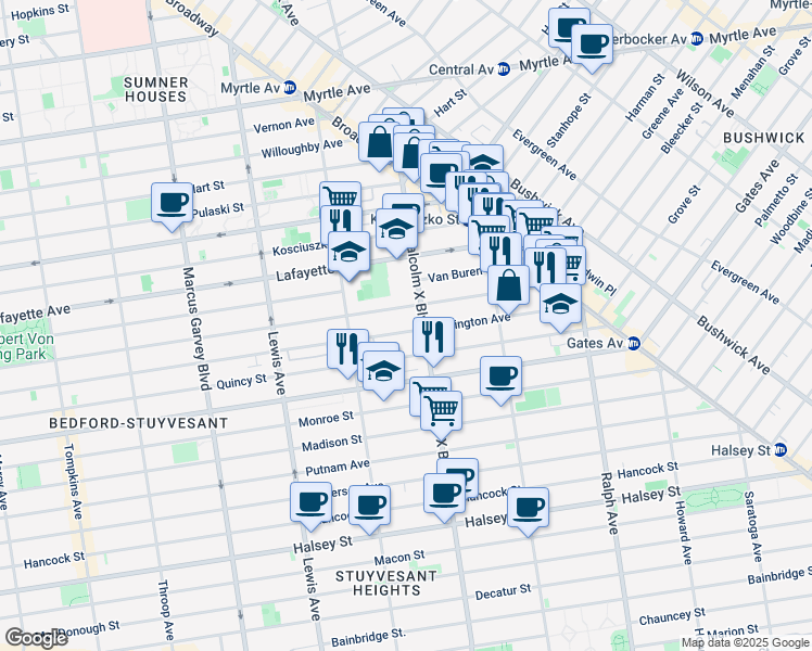 map of restaurants, bars, coffee shops, grocery stores, and more near 753 Lexington Avenue in Brooklyn
