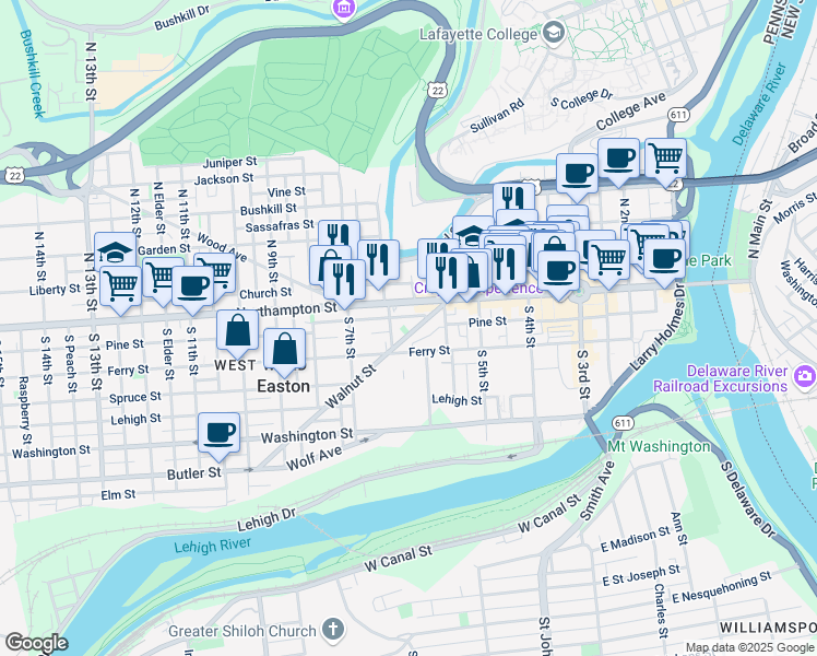 map of restaurants, bars, coffee shops, grocery stores, and more near 646 Pine Street in Easton
