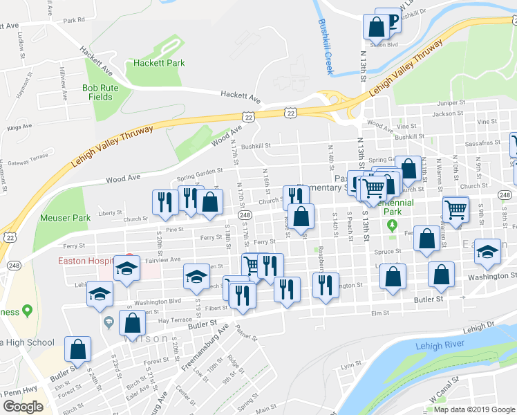 map of restaurants, bars, coffee shops, grocery stores, and more near 1619 Northampton Street in Easton