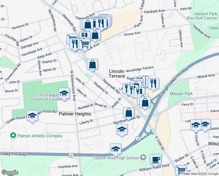 map of restaurants, bars, coffee shops, grocery stores, and more near 2722 Nazareth Road in Easton