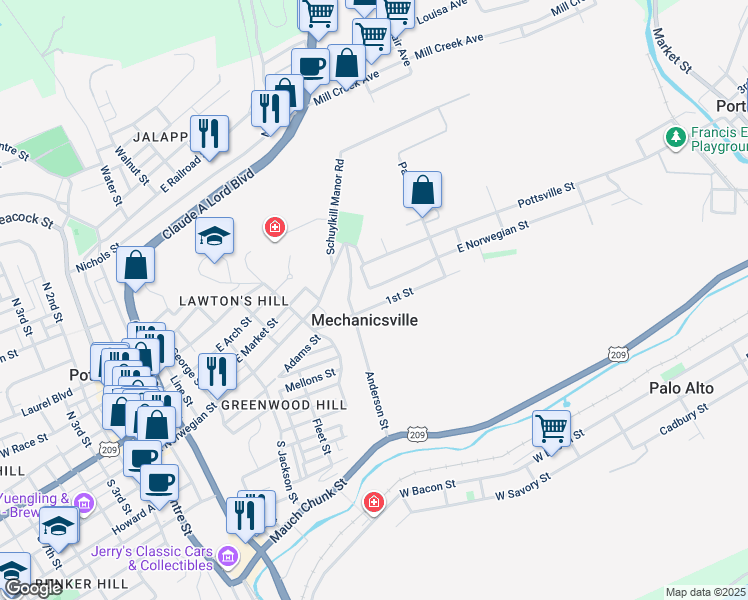 map of restaurants, bars, coffee shops, grocery stores, and more near 744 1st St in Pottsville
