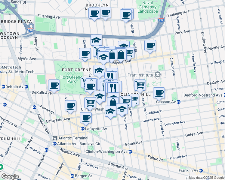 map of restaurants, bars, coffee shops, grocery stores, and more near 227 Dekalb Avenue in Brooklyn