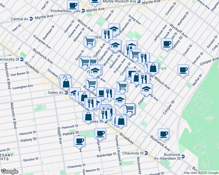 map of restaurants, bars, coffee shops, grocery stores, and more near 107 Cornelia Street in Brooklyn