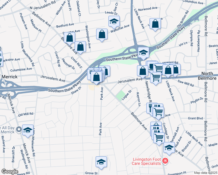 map of restaurants, bars, coffee shops, grocery stores, and more near 1223 Bellmore Avenue in North Bellmore
