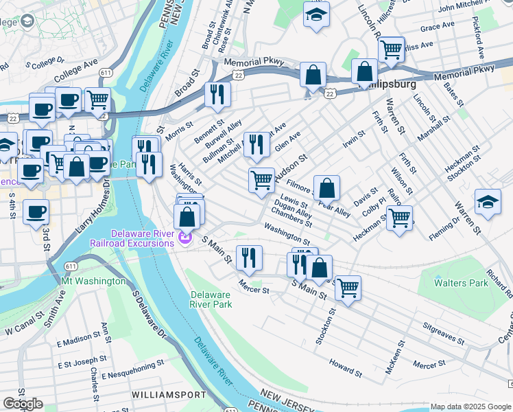 map of restaurants, bars, coffee shops, grocery stores, and more near 190 Chambers Street in Phillipsburg
