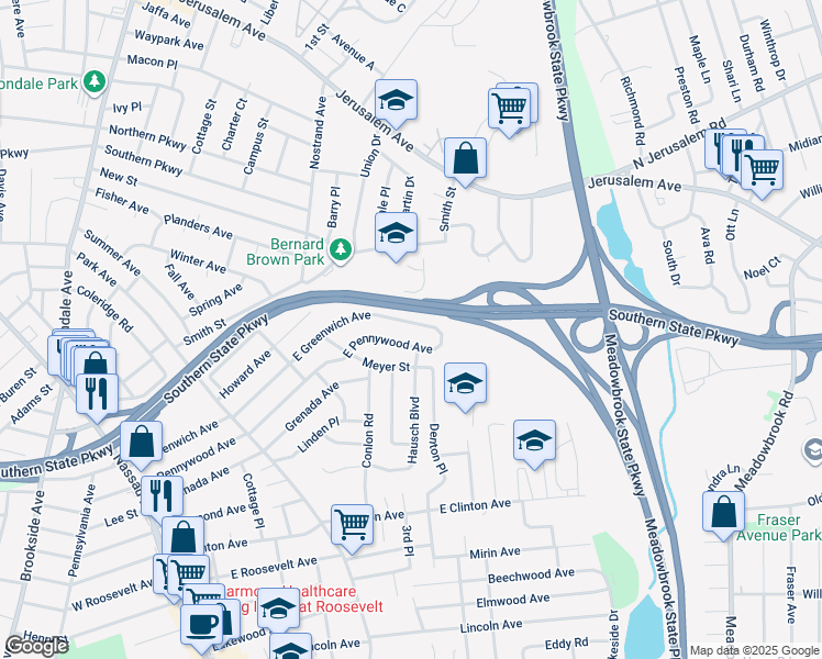 map of restaurants, bars, coffee shops, grocery stores, and more near 266 E Greenwich Ave in Roosevelt