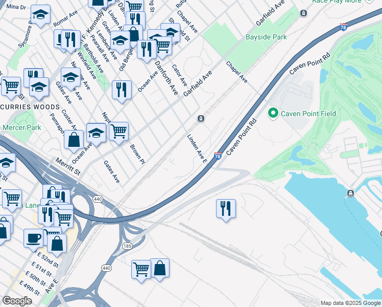 map of restaurants, bars, coffee shops, grocery stores, and more near 15 Linden Avenue East in Jersey City