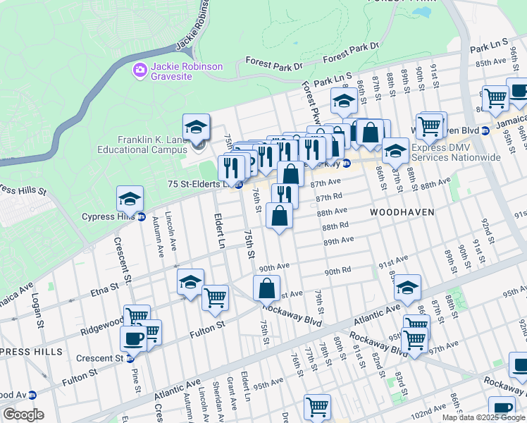 map of restaurants, bars, coffee shops, grocery stores, and more near 87-18 77th Street in Queens