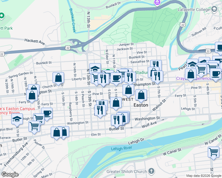 map of restaurants, bars, coffee shops, grocery stores, and more near 1127 Northampton Street in Easton