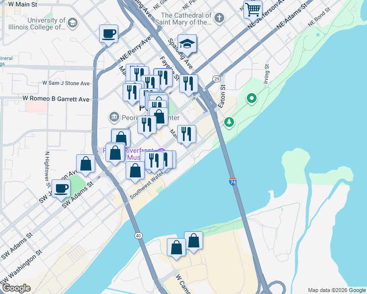 map of restaurants, bars, coffee shops, grocery stores, and more near 100 E Washington St in Peoria