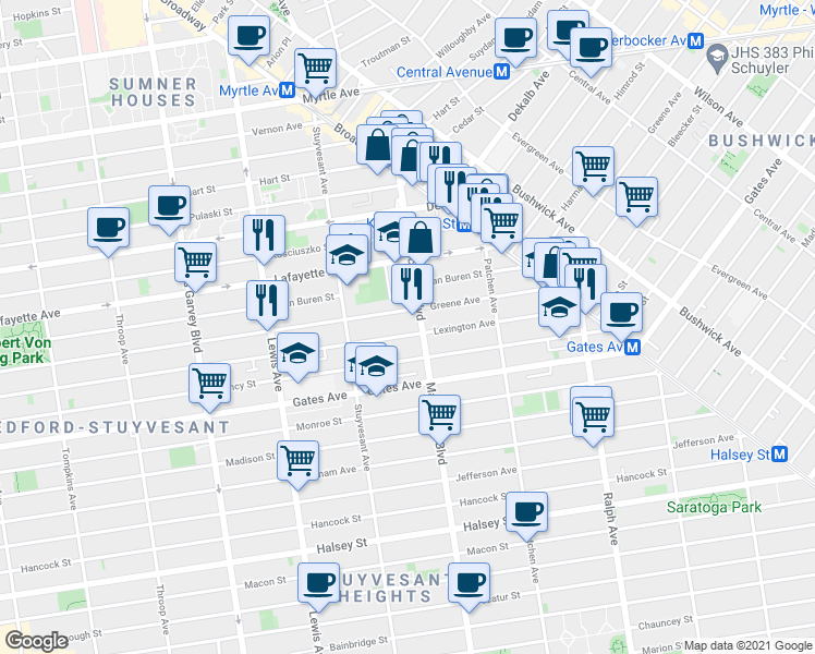 map of restaurants, bars, coffee shops, grocery stores, and more near 91A Malcolm X Boulevard in Brooklyn