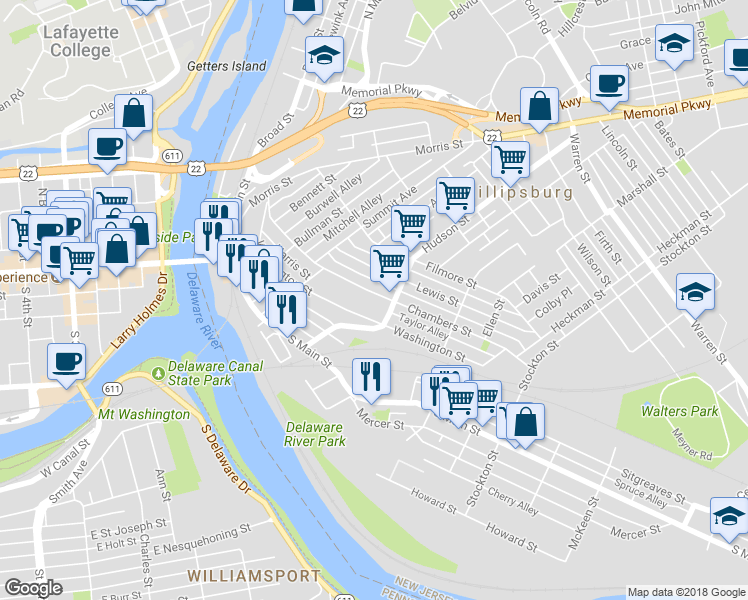 map of restaurants, bars, coffee shops, grocery stores, and more near 180 Chambers Street in Phillipsburg